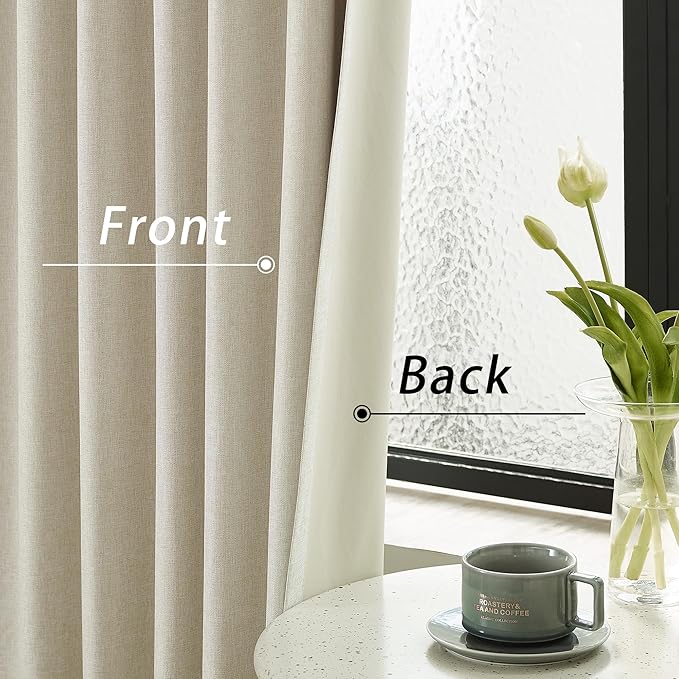 DUALIFE 100% Blackout Linen Natural Birch Curtains 84 Inch for Living Room Darkening, Bedroom Linen Drapes 84 Inches Long Rod Pocket/Back Tab Heat Blocking Bohemian Pleated Window Curtain(50"x84"x2)