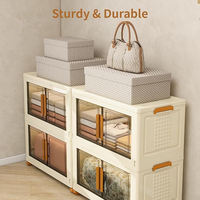 Plastic Stackable Storage Bins with Lids and Wheels, 3040QT-152QT*2Tier Foldable Closet Organizers and Containers, Collapsible Clear Drawer Storage Cabinet with Doors Ivory White