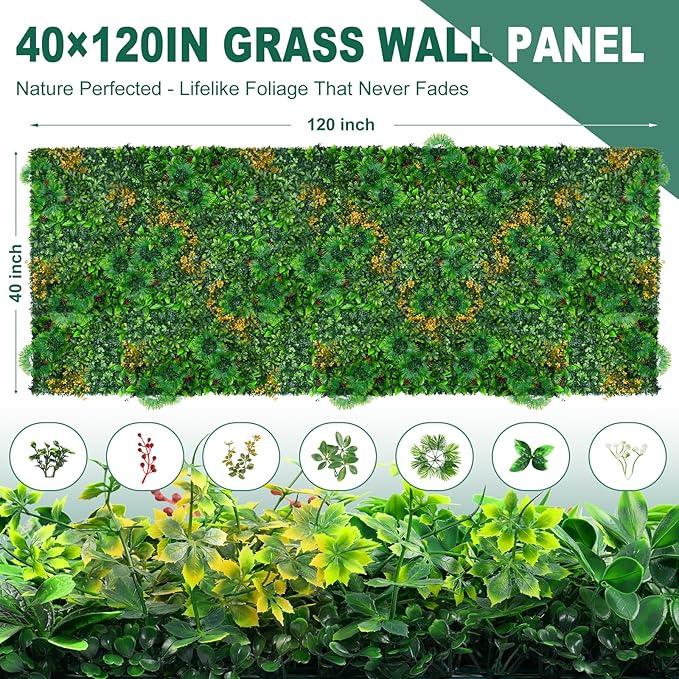 Artificial Grass Wall Panels, 40"x120" (33.33 sqft) Boxwood Wall Roll with Tropical Leaves, Faux Greenery Privacy Fence Screen, Grass Backdrop for Outdoor Indoor Garden Birthday Wedding Decor