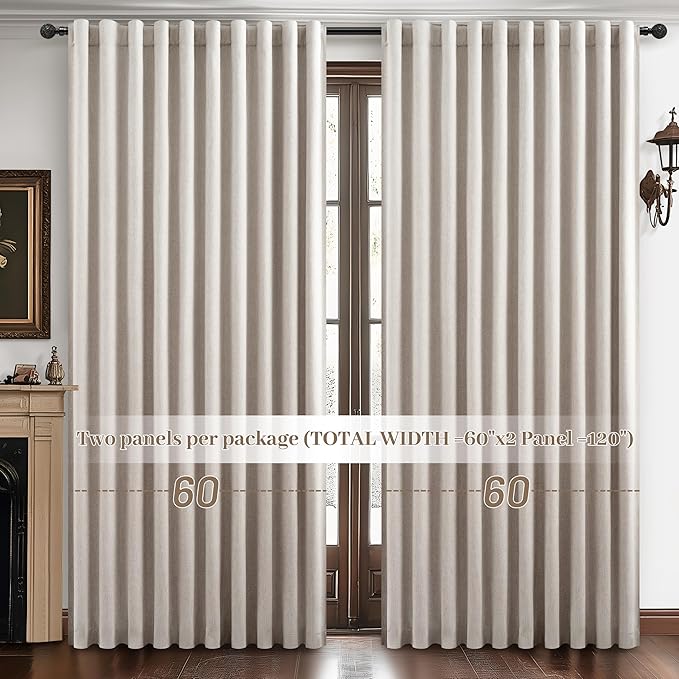 Blackout Curtains 60 Inches Extra Wide Natural Linen Curtains 108 Inch Length for Living Room, Pleated Farmhouse Bedroom Thermal Heavy Drapes for Winter Thick Large Window 60"W x 108"L 2 Panels