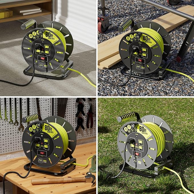 Masterplug 80ft Cord Reel, Retractable Extension Lead with Winding Handle, Safety Overload Circuit Breaker and Power Switch, 4X Grounded Outlets, 13amps, 14AWG Cable