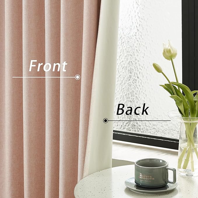 Baby Pink Linen Full Blackout Curtains 108 Inch Length 2 Panels Set for Living Opaque Privacy Back Tab Thermal Insulated 100% Black Out Room Darkening 9ft Window Curtain Drapes 108 Inches Long