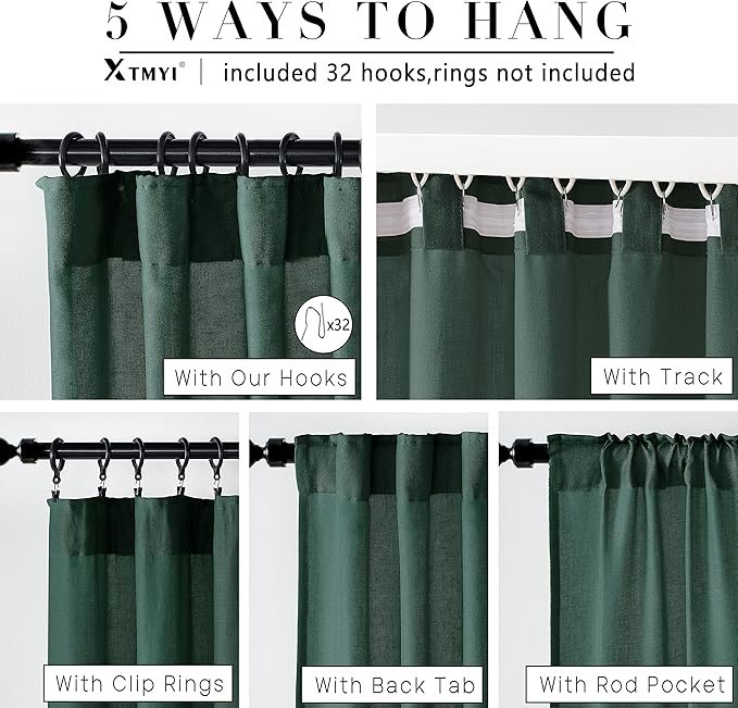 XTMYI Forest Green Curtains 96 Inches Long for Living Room,Light Filtering Back Tab Hooks Pleated Semi Sheer Dark Academia Curtains for Room Decor Bedroom 96 Length 2 Panels