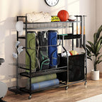 YITAHOME Multi-Functional Sports Organizer for Garage, Golf Gear Storage Rack for 3 Bags and Clubs, Ball Storage Bins with Wheels, Multi-Layer Sports Equipment Rack with Hooks