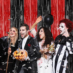 4 Pack Halloween Wall Backdrop, 3.28 FT x 7.05 FT Red and Black Party Streamer, Metallic Tinsel Curtains Fringe Backdrop Foil Streamer, Halloween Hanging Decor Casino Theme Party Decorations