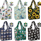 BeeGreen Animal Reusable Shopping Bags Cute Grocery Bag 6 Pack, Christmas Gift Bags Heavy-Duty Foldable Shopping Totes for Supermarket, Work & Travel, Large Washable Polyester Tote Bag with Handles