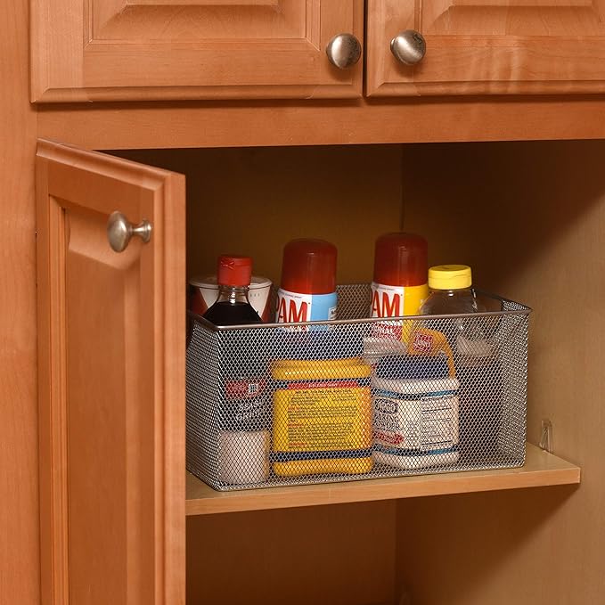 YBM Home Mesh Wire Storage Basket for Shelves, Pantry Organization, and Kitchen - Multipurpose Steel Wire Basket Holder Bin for Organizing Office Supplies, Household Toiletries and Laundry Supplies