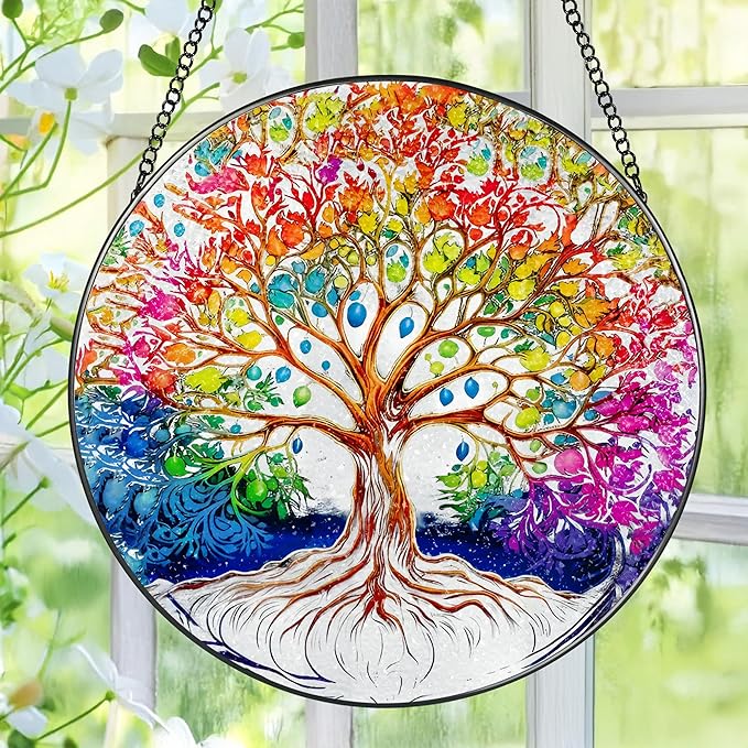 Stained Glass Window Hanging, Pauyadu Tree of Life Sun Catchers Indoor Window, Tree of Life Suncatcher Decor Gifts for Women, Mom, Grandma, Elder, Family and Friends- 8 Inch