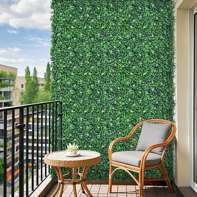 48"x 144"(47 sq.ft) Artificial Boxwood Roll Panels with Flowers, UV-Anti Faux Ivy Leaves Privacy Fence Screen, Grass Wall Roll Panels for Indoor Home Decor and Outdoor Garden Backyard