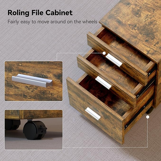 3 Drawer Mobile File Cabinet with Locking Casters,Rustic Brown,Fully Assembled Storage Cabinet with Drawers for Office & Home,18.9" L x 15.75" W x 22.05" H,220 lbs Capacity
