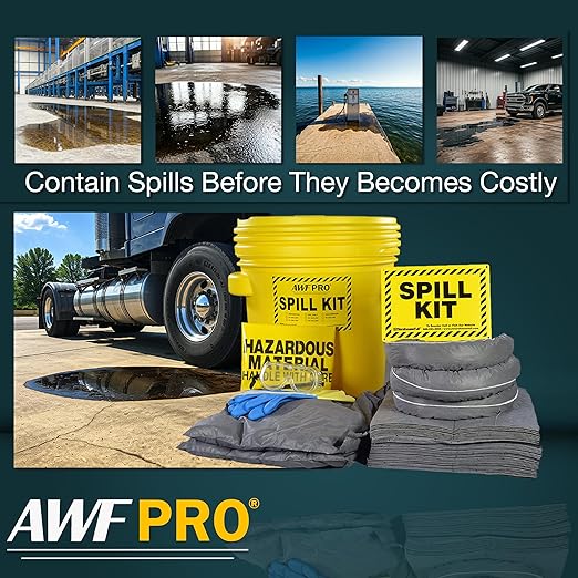 AWF PRO 20 Gallon Universal Spill Kit, 59 Pieces – 20 gal DOT Approved Drum, Socks, Pads & Pillows, & Accessories, Pack of 10