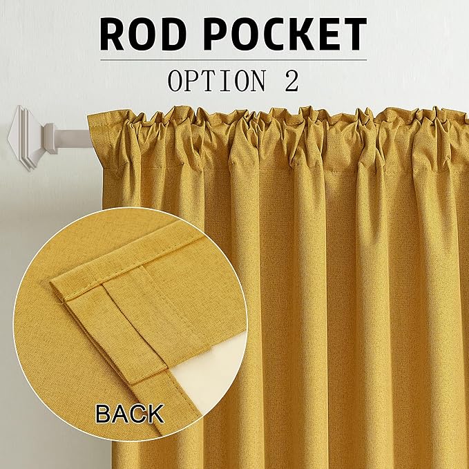 120 Inch Extra Long Linen Yellow Curtains Floor to Ceiling for Sliding Glass Doors 2 Panels, Flax Linen 100% Blackout Elegant Boho Thermal Curtains for Large Windows 10 FT Drapes,50 x 120 Inch