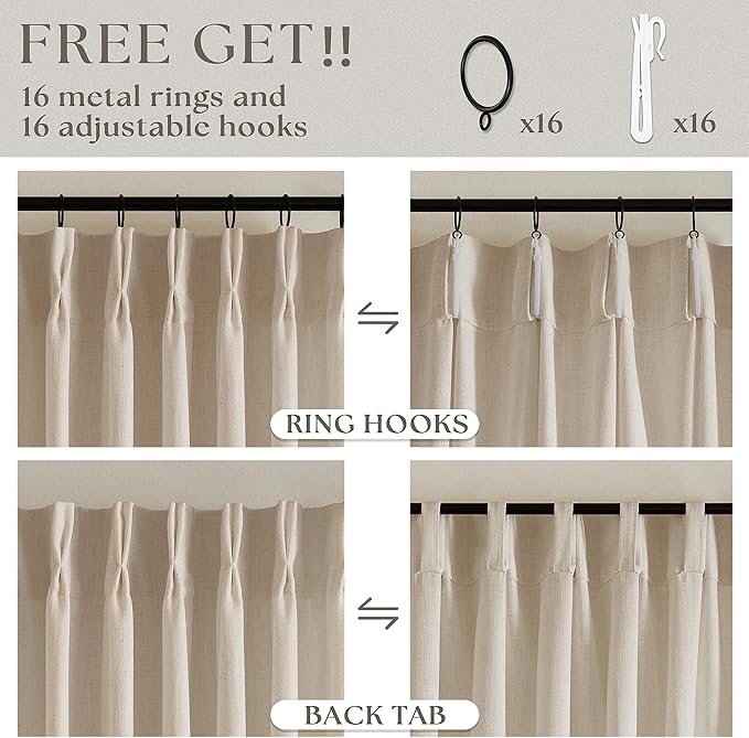 Warm Beige Linen Curtains 102 Inches Long 2 Panels for Living Room Thick Linen Flax Cloth Pinch Pleated Memory Trained Back Tab Light Filtering Semi Sheer Curtain with Hook Rings Sand Cream Neutral