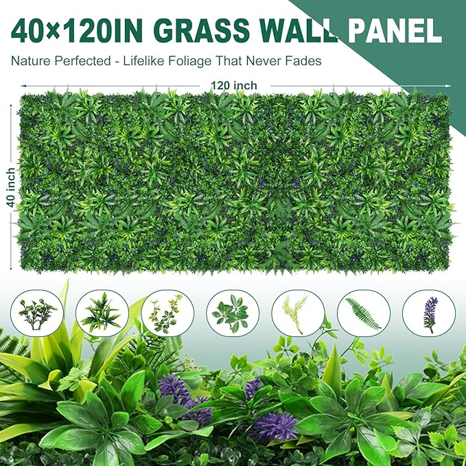 Greenery Grass Wall Panels, 40"x120" (33.33 sqft) Artificial Outdoor Ivy Privacy Fence Screen, UV-Anti Faux Boxwood Roll Grass Wall Panels for Garden Patio Balcony Decor