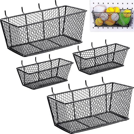 Sieral 4 Pcs Black Pegboard Baskets Metal Wire Shelf Baskets Peg Board Organizer Accessories Wall Mount Organizer Attachments for Garage Workbench Various Tool Accessories, 2 Sizes (Small, Large)