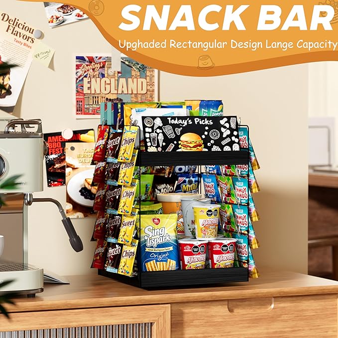 Chip Rack Display Stand, 6 Tiers 50 Clips Snack Organizer, 360° Rotating Wood Base Candy Display Rack, Portable Retail Display Shelf for Countertop, Office, Store, Kitchen, Party