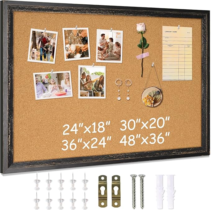 DOLLAR BOSS Cork Board for Office 36 X 24 Inches Cork Boards for Walls Bulletin Board, Decorative Hanging Pin Board Rustic Wooden Frame Vision Board Cork Notice Board for Office Home Decor, Black