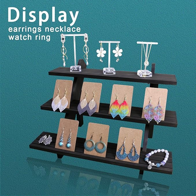 3 Tier Earring Display Stands For Selling, Retail Display Riser Earring, Ring Holder Stand, Removable Countertop Small Merchandise Display Stand, for Figures,Cupcake, Photo (Brown color)