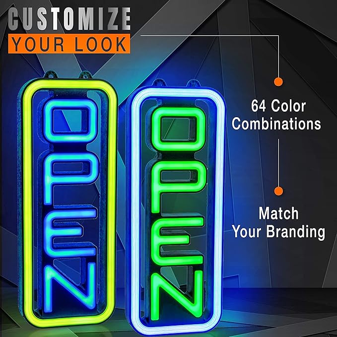 Led Open Sign for Business – Stand Out with 64 Super-Bright Color Combos to Match Your Brand - Programmable Neon Flash, or Scroll – 8 x 19 inch