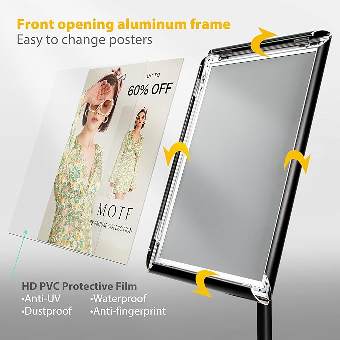 11"x17" Pedestal Poster Sign Holder Stand with Heavy Duty Solid Steel Base, Adjustable Floor Standing Sign Holder for Vertical and Horizontal View Sign Super Stable Displayed Stands, Black