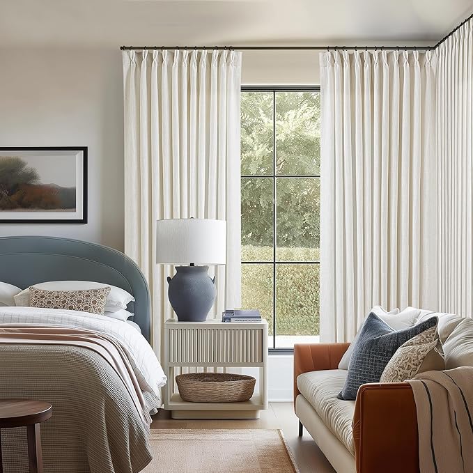 Extra Wide Pinch Pleat Linen Curtains 120 Inches Long for Living Room Sliding Glass Door 70 Inch Wide Sheer Curtain Cream Ivory Boho Pleated Drape with Hooks Rings 70x120 Large Window Curtain 1 Panel