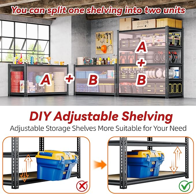 72"H Storage Shelves heavy duty, 2000LBS Garage Shelving, 5 Tier Metal Shelving Unit Adjustable Garage Shelves Rack Shelf for Storage Warehouse Pantry Closet,35.6" W × 16" D × 72" H, Black, 2PCS