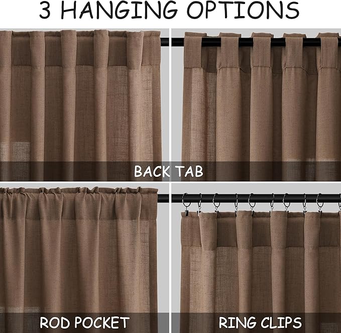 Extra Long Curtains 2 Panels 102 Inches Long for Dinning Room Caramel Brown Back Tab Rod Pocket Light Filtering Semi Sheer Drapes Cotton Linen Textured Window Curtain 102 Inch Length for Bedroom