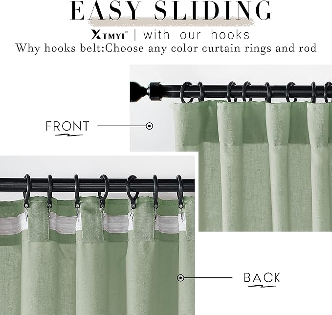 XTMYI Sage Green Sheer Curtains 63 Inch Length for Living Room,Boho Rod Pocket Light Filtering Linen Semi Transparent Bedroom Curtains Drapes 63 Inches Long 2 Panels Set for Bathroom Window Kitchen