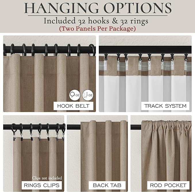 RustBrown Black Out 92 Inch Long Boho Curtains 2 Panel Set, Farmhouse Curtains for Living Room Darkening/Thermal/Noise Reduction Textured Flax Linen Drape Hook&Ring Included Chocolate 50"x92"