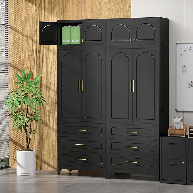 Kitchen Pantry Cabinet，90" Storage Cabinets with Doors and Shelves,Metal Pantry Cabinet with 3 Drawers,Black Kitchen Cupboard for Livingroom,Pantry, Bathroom