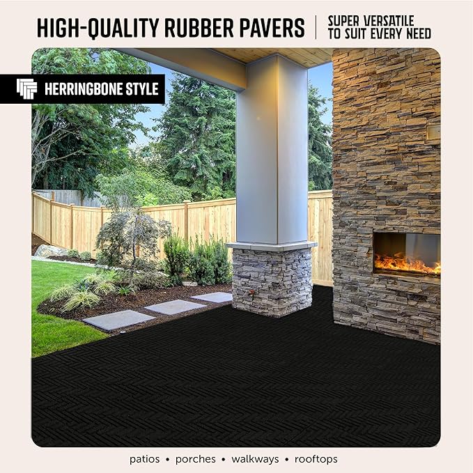 Playsafer Herringbone Rubber Interlocking Tiles | 16 X 16 | Easy Install for Indoor and Outdoor Use (Black, 10 Tiles)