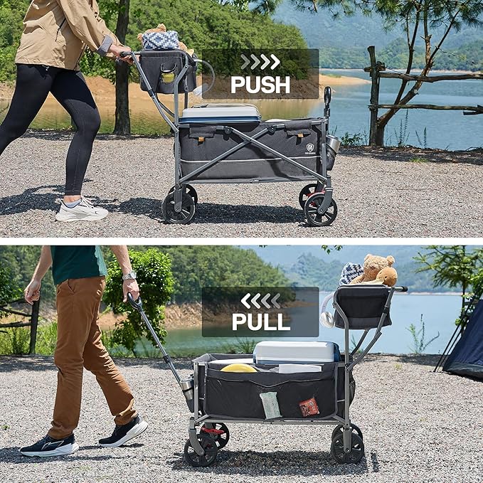 EVER ADVANCED Collapsible Push & Pull Shopping Cart with Wheels & Brakes, Foldable Wagon for Groceries with Practical Basket, Side Pockets & Cup Holders, Beach Utility Rolling Cart for Camping, Grey