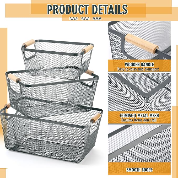 Maxcheck 6 Pack 3 Size Metal Wire Baskets Wooden Handles Steel Mesh Storage Bins Organizer Containers Gift for Home Cabinets Closet Kitchen Food Fruit Freezer Storage Rectangle(Dark Grey)