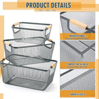 Maxcheck 6 Pack 3 Size Metal Wire Baskets Wooden Handles Steel Mesh Storage Bins Organizer Containers Gift for Home Cabinets Closet Kitchen Food Fruit Freezer Storage Rectangle(Dark Grey)