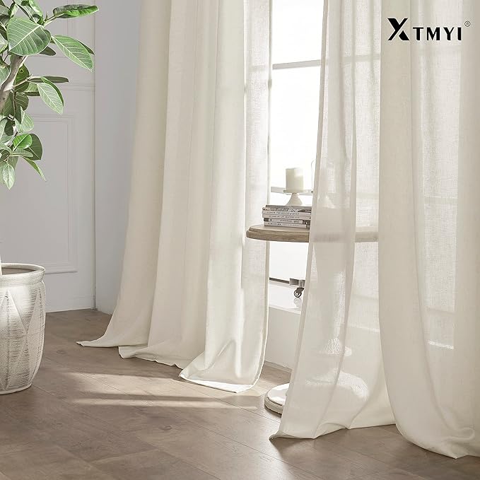 XTMYI 95 Inch Length Curtains 2 Panels Set Back Tab Linen Window Sheer Curtain Drapes for Living Room Bedroom,50x95 in Long,Cream(Ivory/Off White)