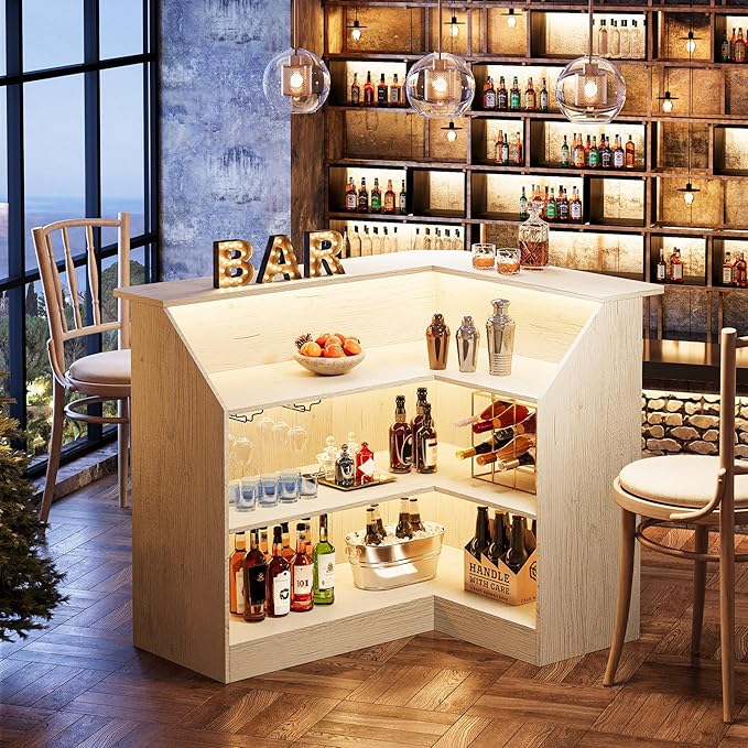 Tribesigns Bar Cabinet, L-Shaped Home Bar Table with Stemware Racks, 4-Tier Corner Bar Unit Liquor Wine Bar Table Reception Desk for Home Pub, White
