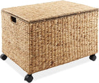 Casafield Rolling Storage Basket Cart with Lid and Locking Wheels, Natural - Handwoven Water Hyacinth Divided Recycling Sorting Bin for Kitchen, Laundry Room, Garage
