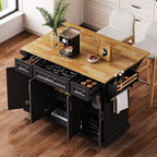 Yayzy Rolling Kitchen Island with Drop Leaf, 4 Cabinet Doors, 3 Drawers & Side Storage Racks, Mobile Kitchen Cart with Rubberwood Top & Locking Wheels for Dining Room & Kitchen, 54-Inch, Black