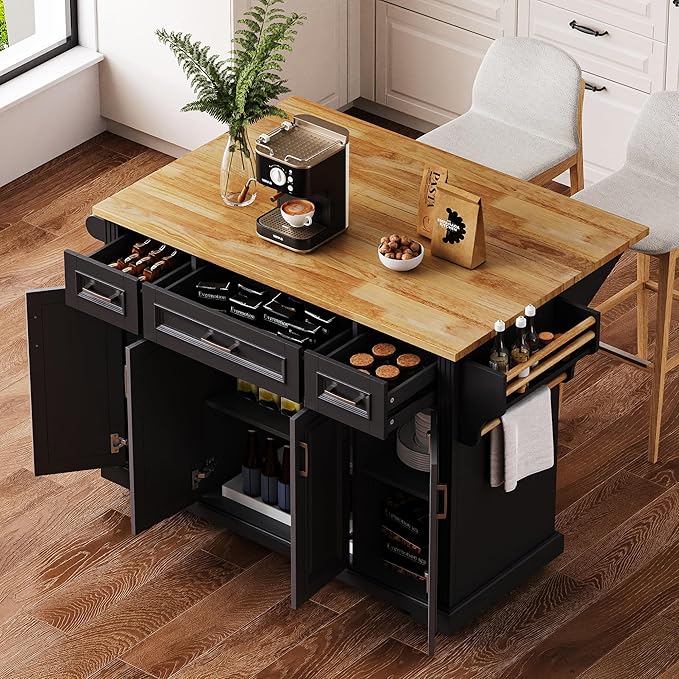 Yayzy Rolling Kitchen Island with Drop Leaf, 4 Cabinet Doors, 3 Drawers & Side Storage Racks, Mobile Kitchen Cart with Rubberwood Top & Locking Wheels for Dining Room & Kitchen, 54-Inch, Black