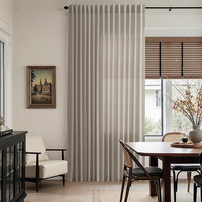 Nanspring Grey Beige Linen Curtains 96 Inches Long for Living Room Simple Modern Luxury Light Filtering Semi Sheer Curtain Back Tab Flax Boho Neutral Gray Drapes for Bedroom Office 52x96, 2 Panels