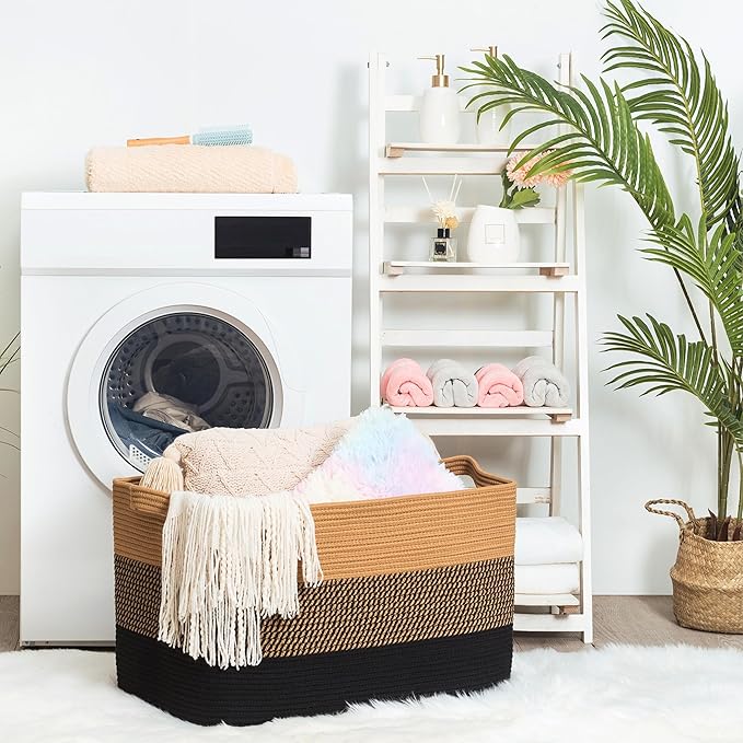 MINTWOOD Design 22in Extra Large Blanket Basket Holder for Living Room, Rectangle Rope Woven Storage Bin with Handles for Laundry, Pool Towels, and Shoes, Dog Toy Box Organizer, Black Jute