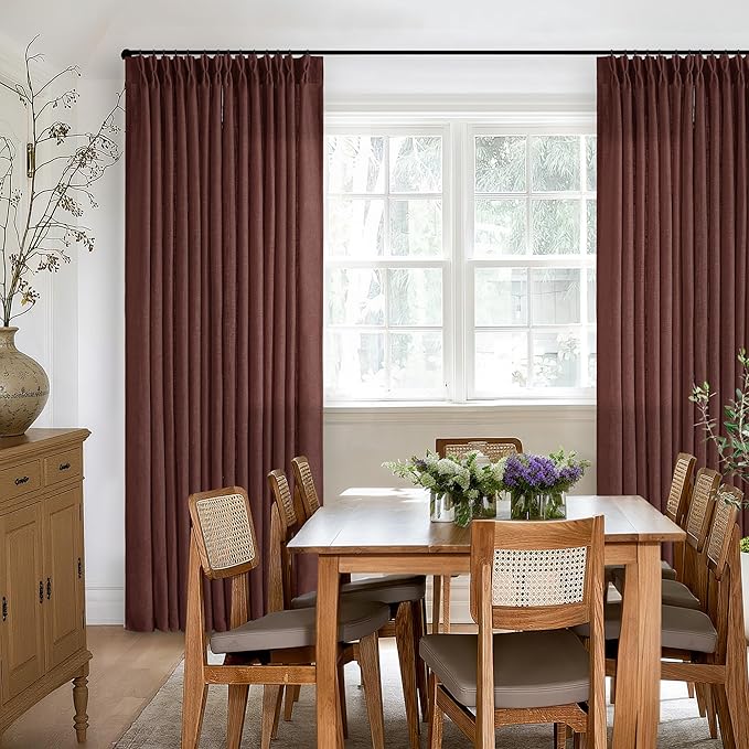 Brick Brown Pinch Pleated Linen Curtains 90 Inches Long for Living Room Bedroom 2 Panels Light Filtering Pinch Pleat Hooks Rings Back Tab Red Chestnut Country Farmhouse 90 Inch Window Curtain Drapes