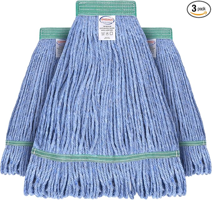 Onesimus 24 oz Mop Head Replacement, Industrial Mops for Floor Cleaning Heavy Duty 4-Ply Cotton Blend Looped End Wet Mop Refills 1.25 in Universal Headband Fit Most Handles, 3 Pack X-Large Blue