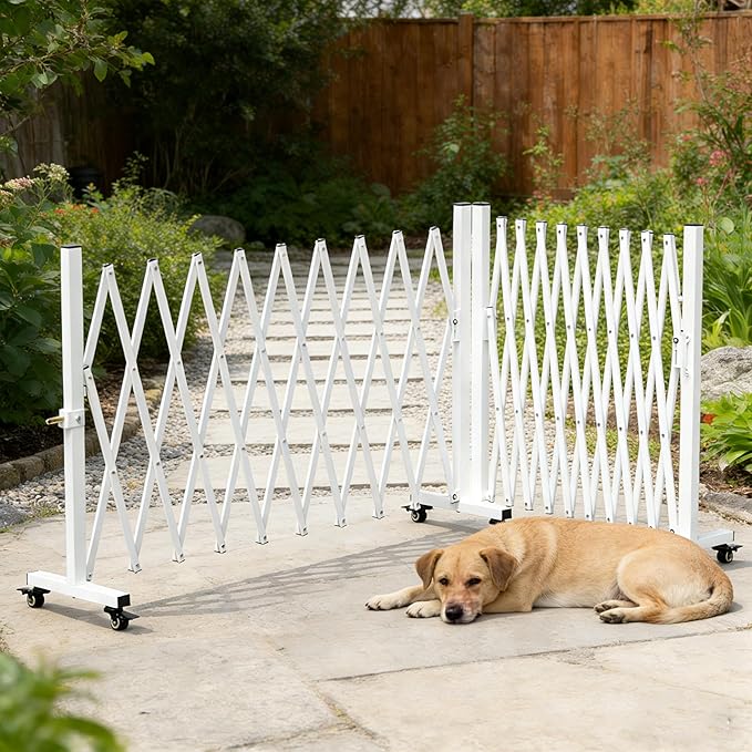 TSAYAWA Retractable Fence Outdoor, 216" Wide Expandable Driveway Gate for Dogs, Aluminum Portable Retractable Barricade for Garage, 18 Feet Expanding Security Gate with Casters, Rotatable, White