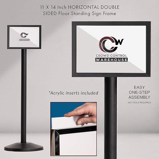 Crowd Control Warehouse Pedestal Standing Floor Sign Frame with Sloped Base, 11 x 14 Inch Horizontal, Satin Stainless Steel