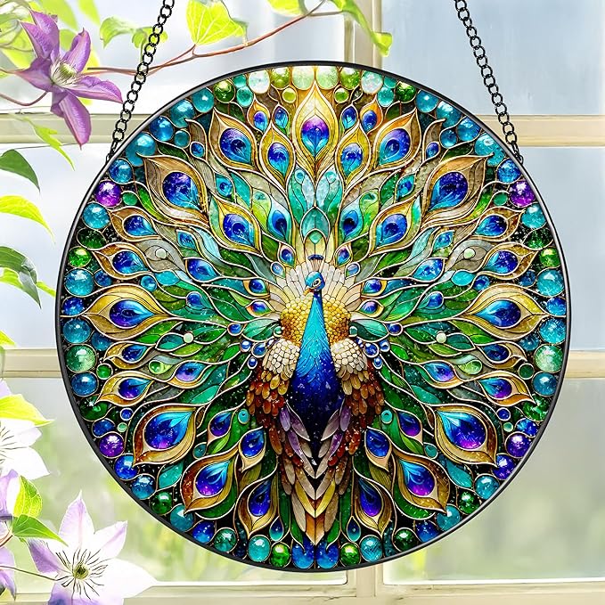 Stained Glass Window Hanging, LAOWEIKI 8'' Peacock Suncatcher, Stained Glass Ornament, Suncatchers for Windows Hanging, Window Decor, Outdoor or Indoor, Gifts for Women, Lovers, Couple, Friend, Bestie