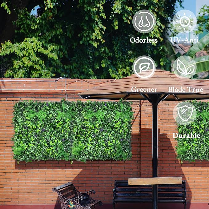 Artificial Greenery Wall Panels: 20"x 20" 2P UV-Anti Faux Green Grass Wall Privacy Backdrop Fence Screen for Garden Fence Covering Privacy, Outdoor Indoor Home Decor