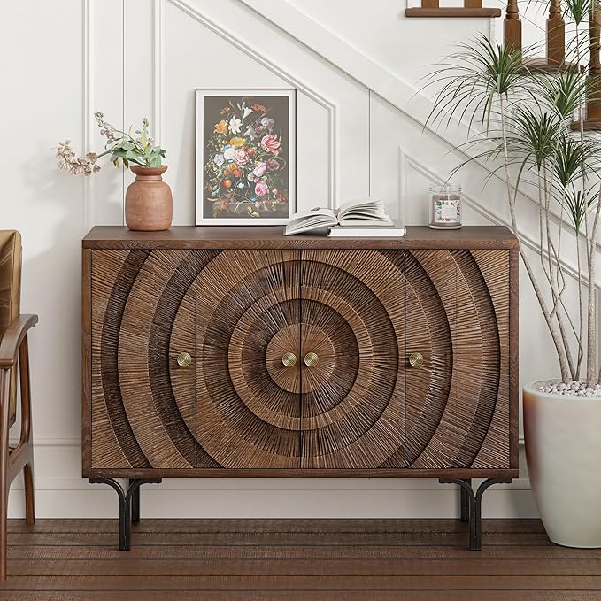 Farmhouse 4-Door Storage Cabinet, Accent Sideboard Buffet Cabinet with Circle Pattern and Radioactive Wood Lines, for Living Room, Dining Room, Bedroom, Brown