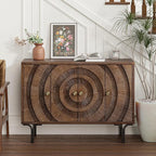Farmhouse 4-Door Storage Cabinet, Accent Sideboard Buffet Cabinet with Circle Pattern and Radioactive Wood Lines, for Living Room, Dining Room, Bedroom, Brown