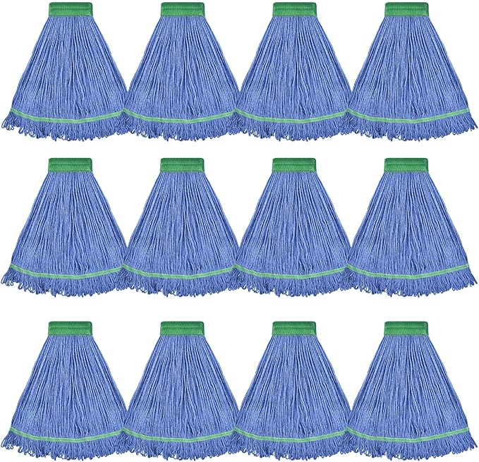 Onesimus 28 oz Heavy Duty Mop Head Replacement, 5 Inch Headband for Quick Change Handle, Blue Loop-End Cotton Blend String Wet Dry Floor Mop Refill, X-Large Size, Case Pack of 12 Pcs